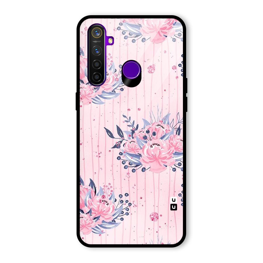 Pink Floral and Stripes Glass Back Case for Realme 5 Pro