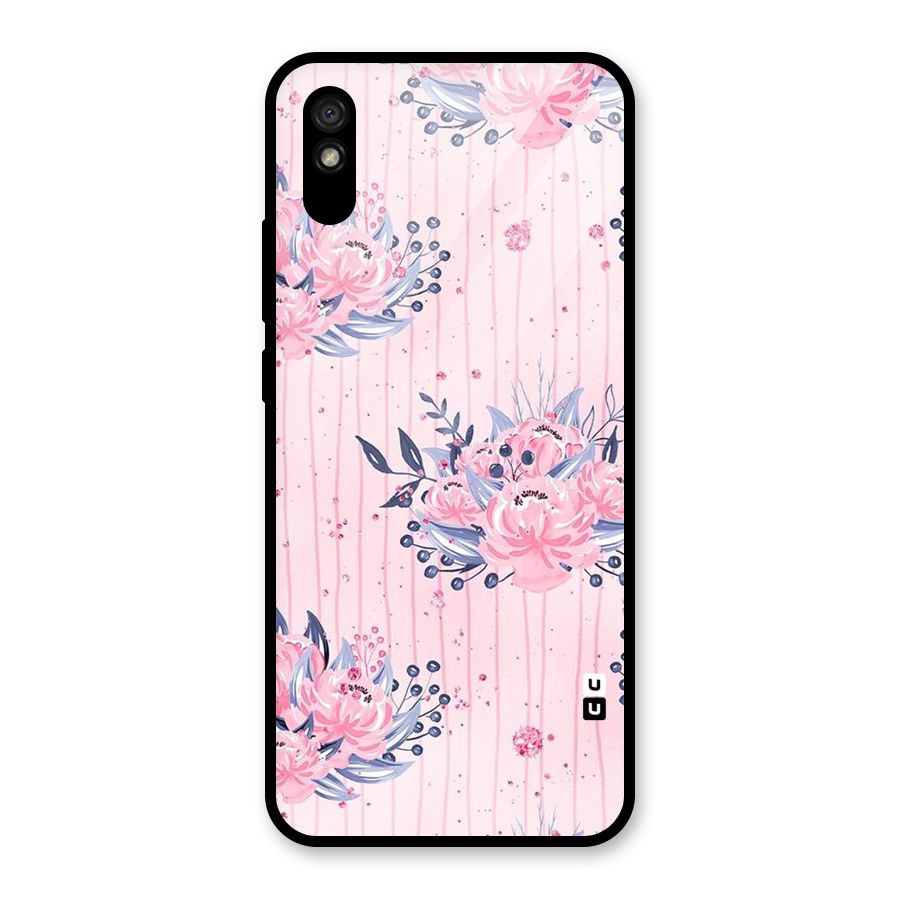Pink Floral and Stripes Glass Back Case for Redmi 9A