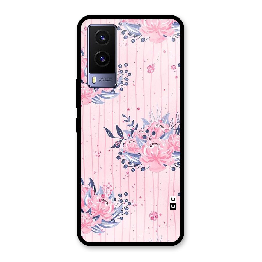 Pink Floral and Stripes Glass Back Case for Vivo V21e 5G