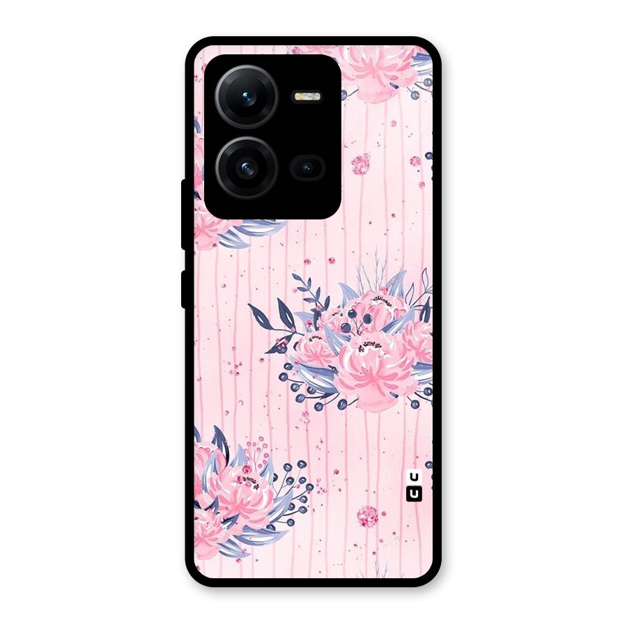 Pink Floral and Stripes Glass Back Case for Vivo V25