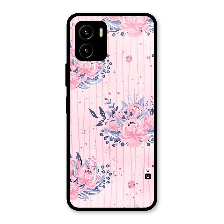 Pink Floral and Stripes Glass Back Case for Vivo Y15s