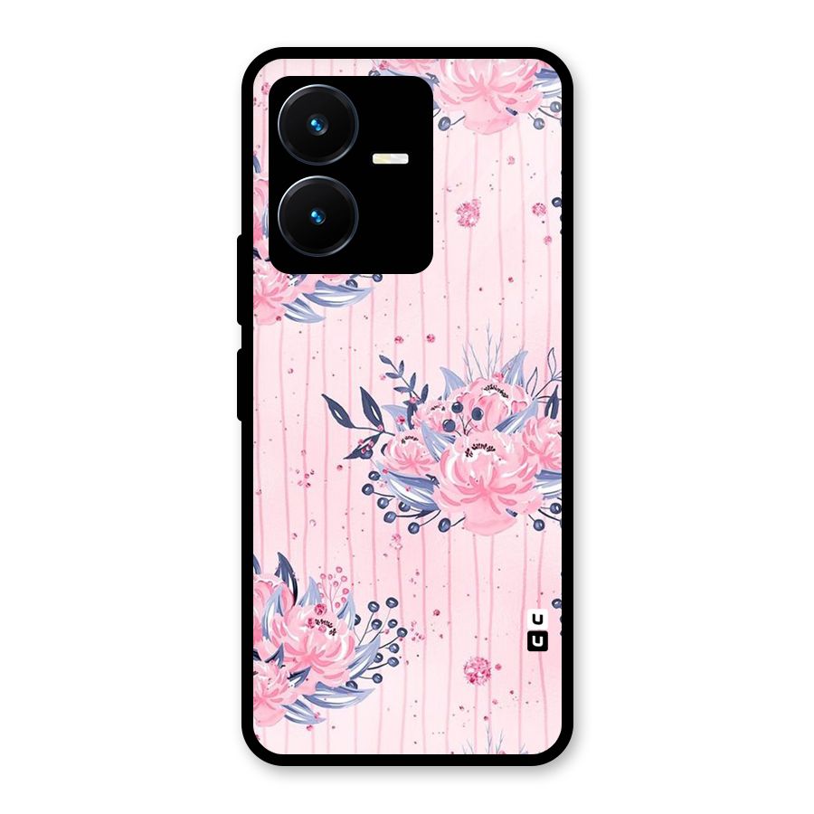 Pink Floral and Stripes Glass Back Case for Vivo Y22