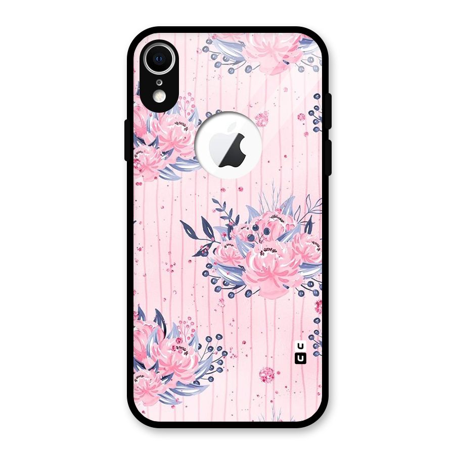 Pink Floral and Stripes Glass Back Case for iPhone XR Logo Cut