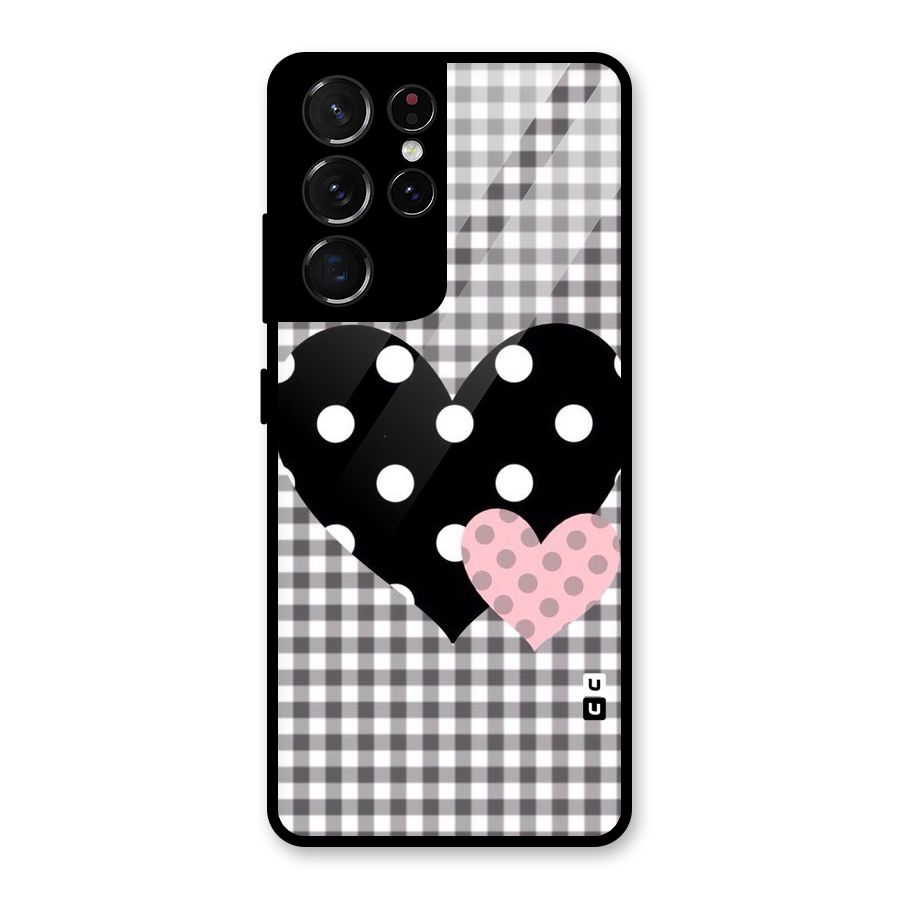 Polka Check Hearts Glass Back Case for Galaxy S21 Ultra 5G