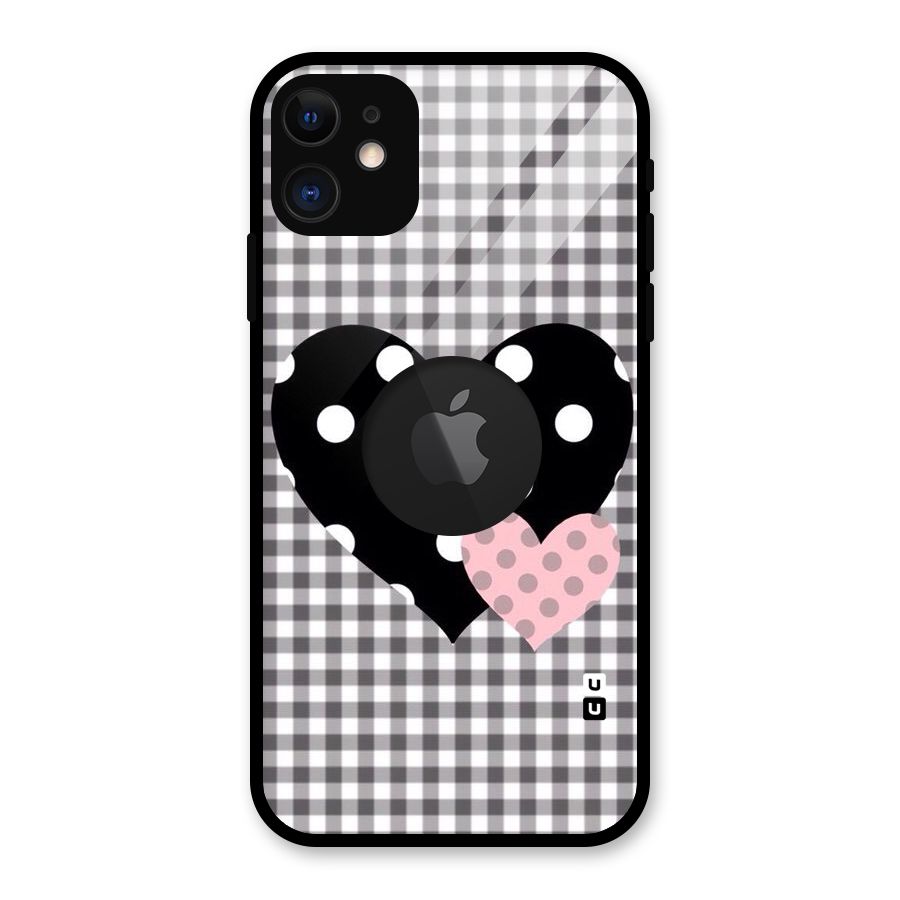 Polka Check Hearts Glass Back Case for iPhone 11 Logo Cut
