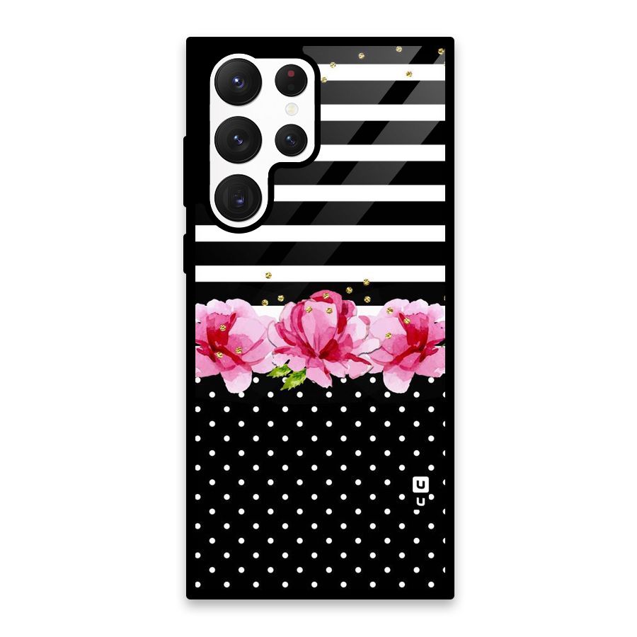 Polka Floral Stripes Glass Back Case for Galaxy S22 Ultra 5G
