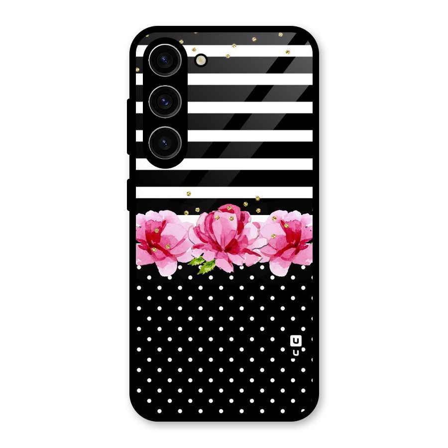 Polka Floral Stripes Glass Back Case for Galaxy S23