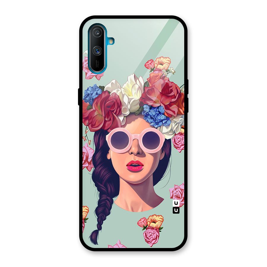 Pretty Girl Florals Illustration Art Glass Back Case for Realme C3