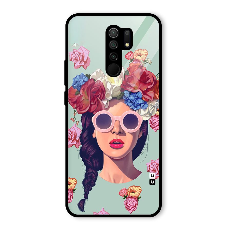 Pretty Girl Florals Illustration Art Glass Back Case for Redmi 9 Prime