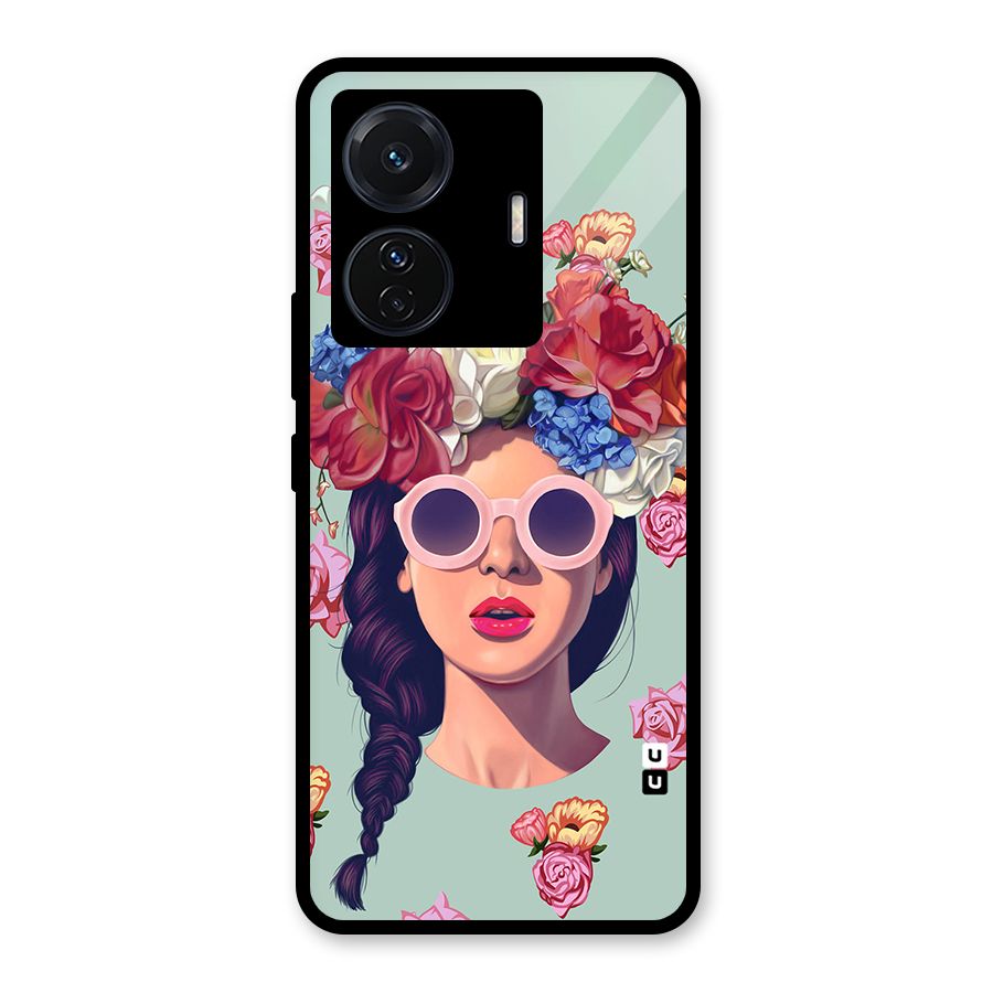 Pretty Girl Florals Illustration Art Glass Back Case for Vivo T1 Pro