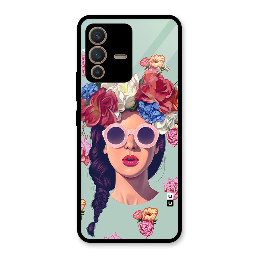 Pretty Girl Florals Illustration Art Glass Back Case for Vivo V23 5G