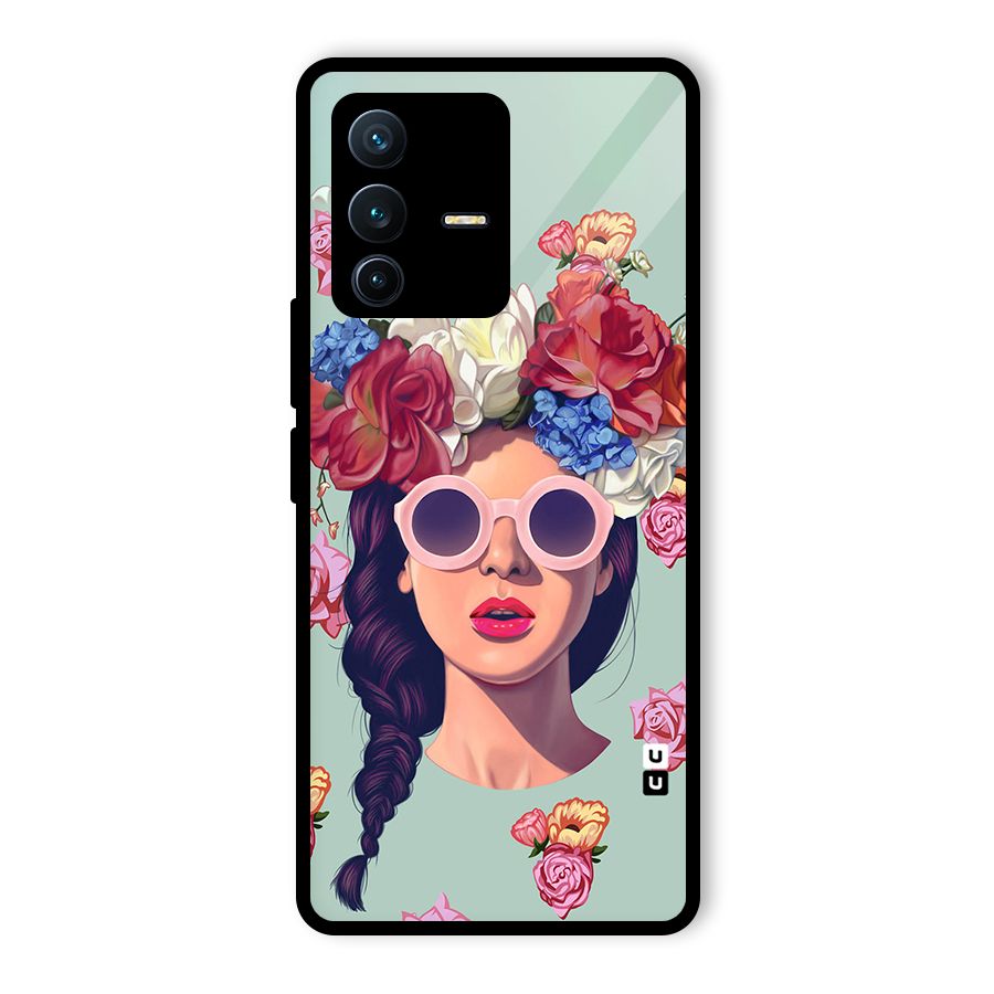Pretty Girl Florals Illustration Art Glass Back Case for Vivo V23 Pro