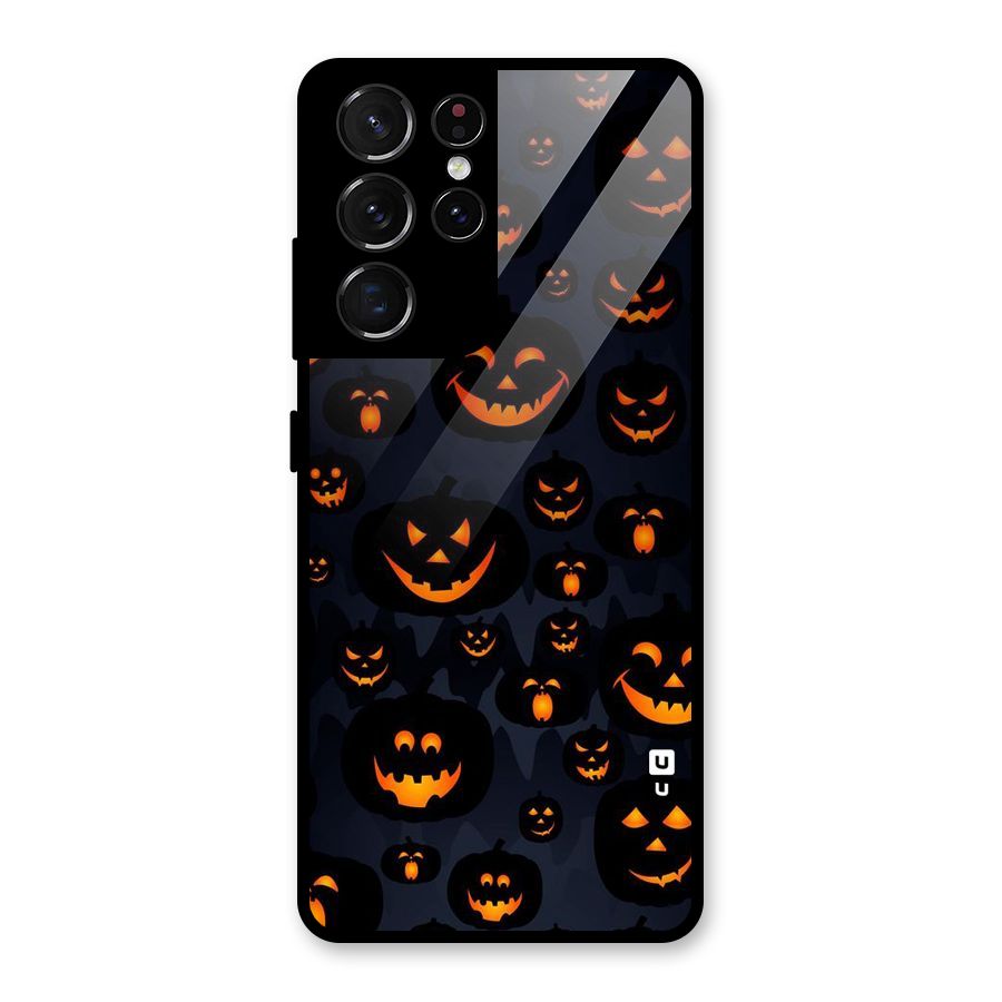Pumpkin Smile Pattern Glass Back Case for Galaxy S21 Ultra 5G