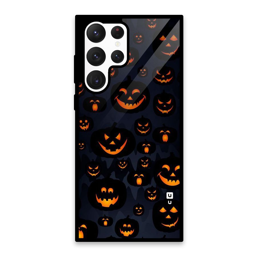 Pumpkin Smile Pattern Glass Back Case for Galaxy S22 Ultra 5G