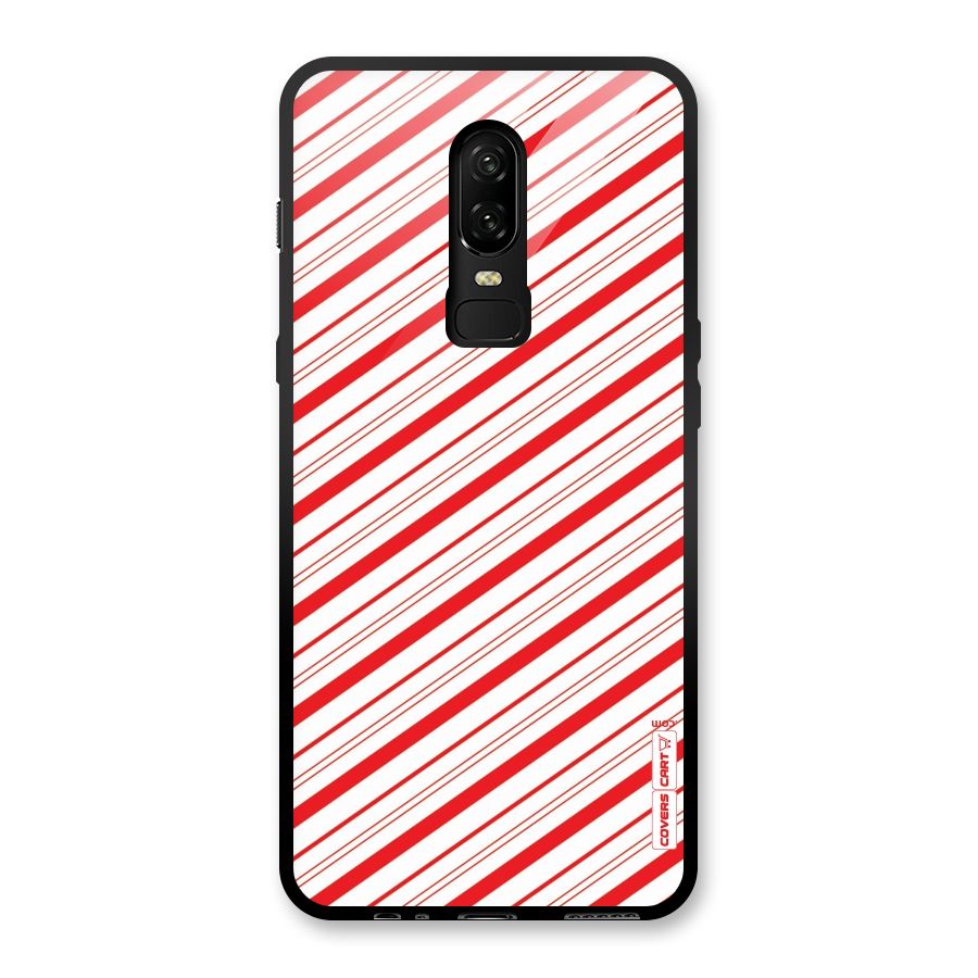 Red And White Diagonal Stripes Glass Back Case for OnePlus 6