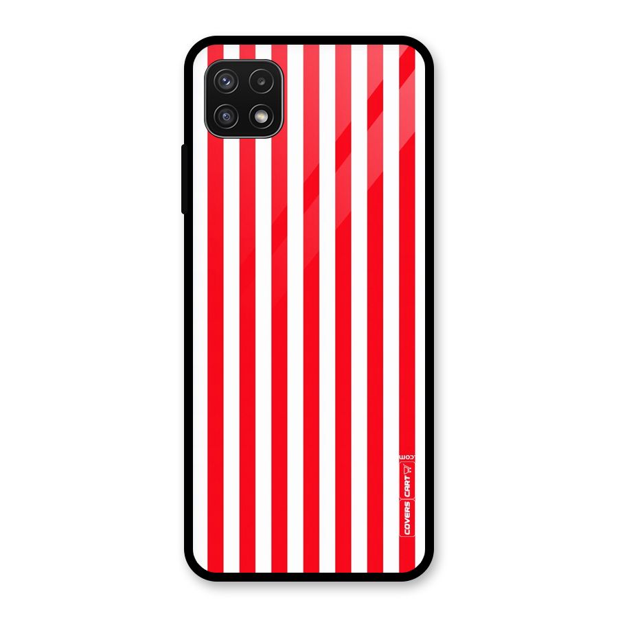 Red And White Straight Stripes Glass Back Case for Galaxy A22 5G