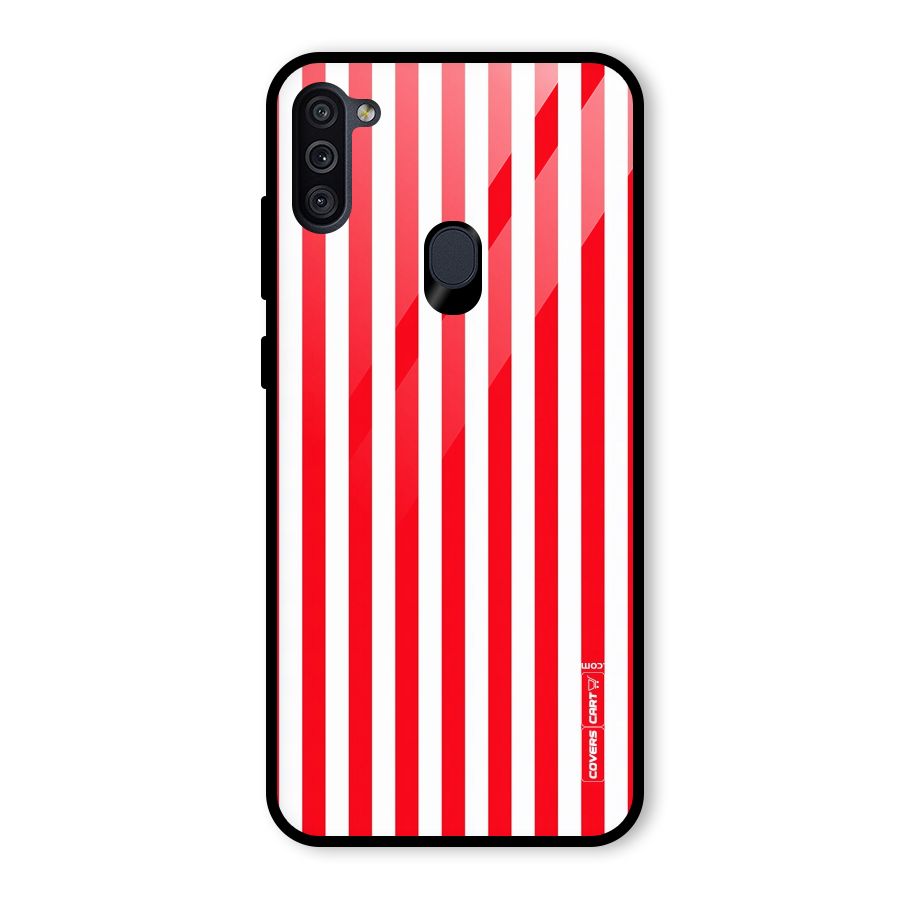 Red And White Straight Stripes Glass Back Case for Galaxy M11