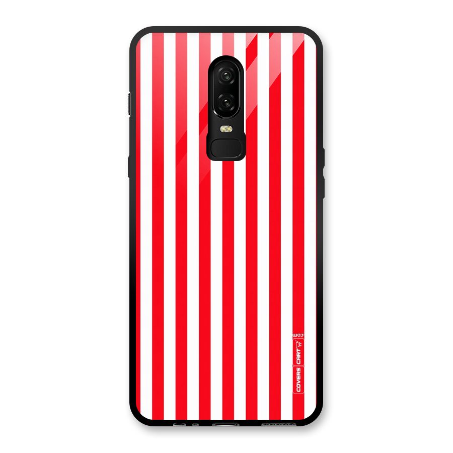 Red And White Straight Stripes Glass Back Case for OnePlus 6