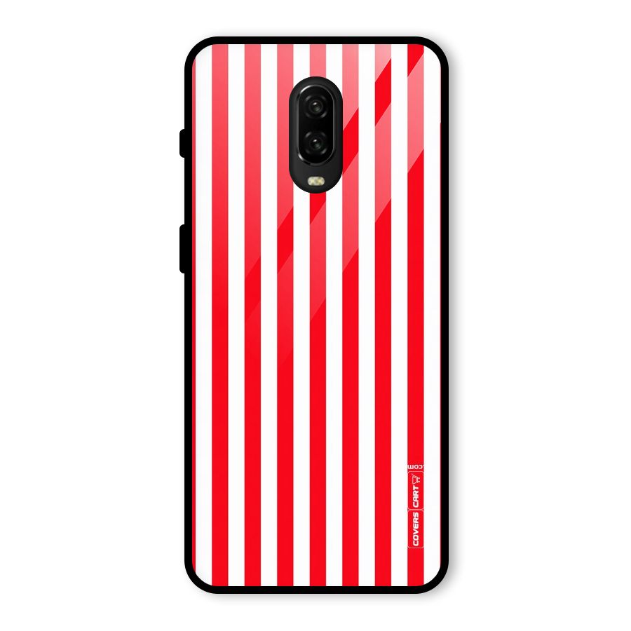 Red And White Straight Stripes Glass Back Case for OnePlus 6T
