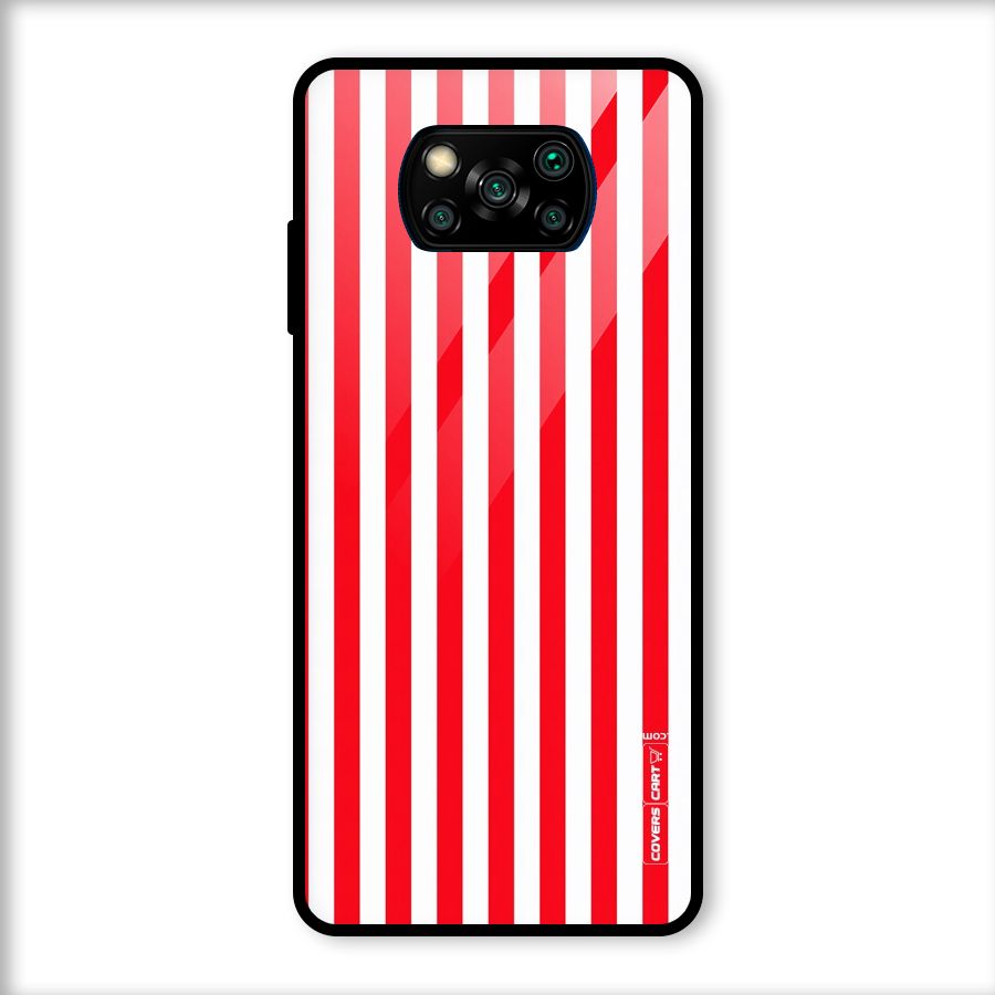 Red And White Straight Stripes Glass Back Case for Poco X3
