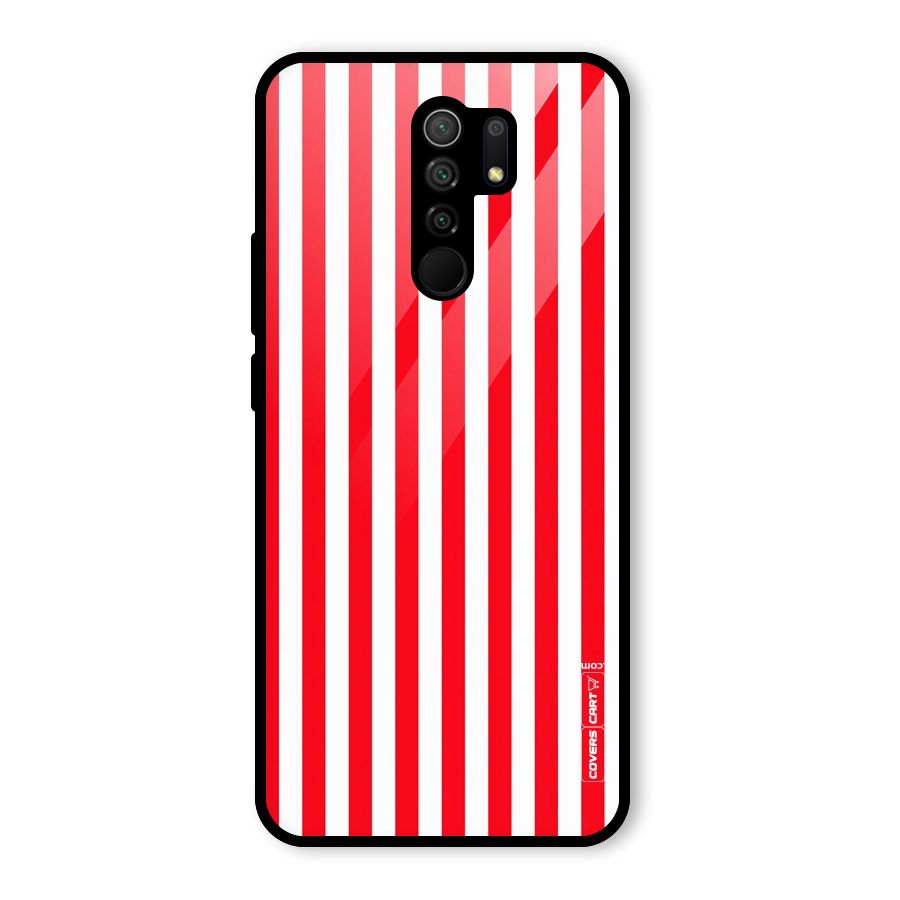 Red And White Straight Stripes Glass Back Case for Redmi 9 Prime