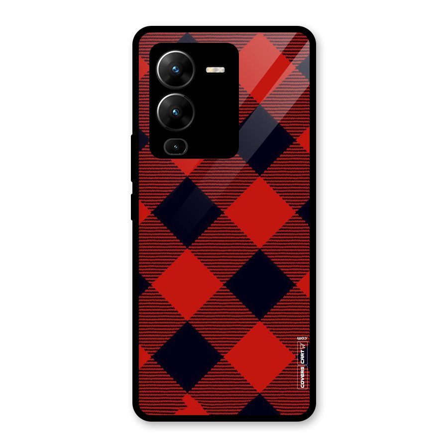 Red Diagonal Check Glass Back Case for Vivo V25 Pro
