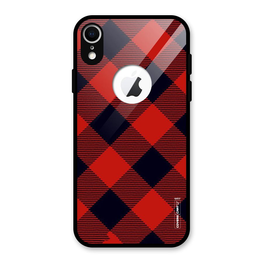 Red Diagonal Check Glass Back Case for iPhone XR Logo Cut