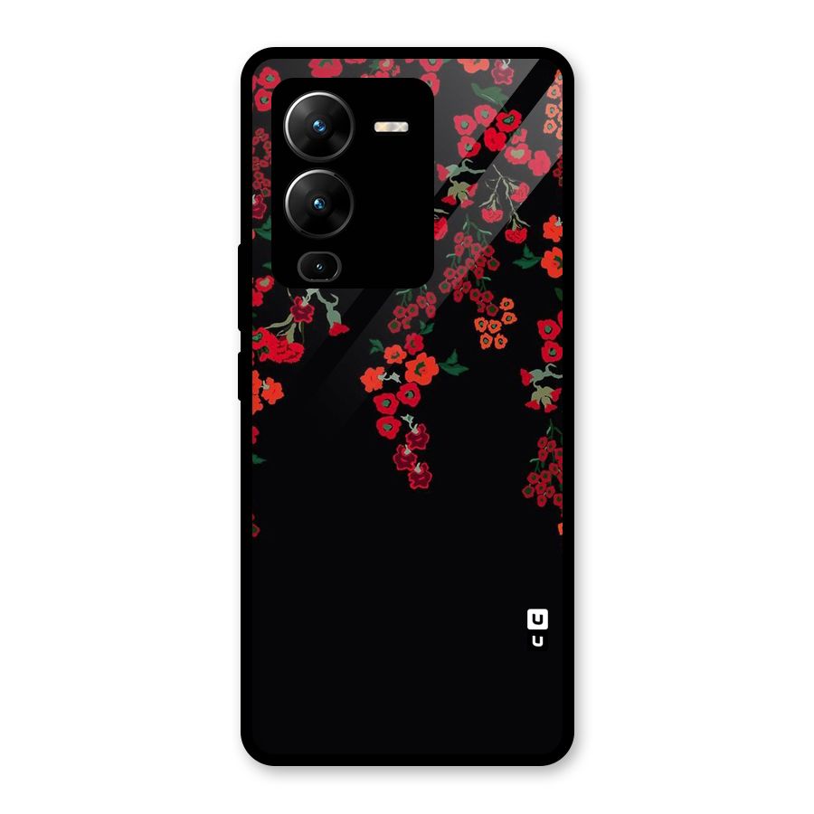 Red Floral Pattern Glass Back Case for Vivo V25 Pro