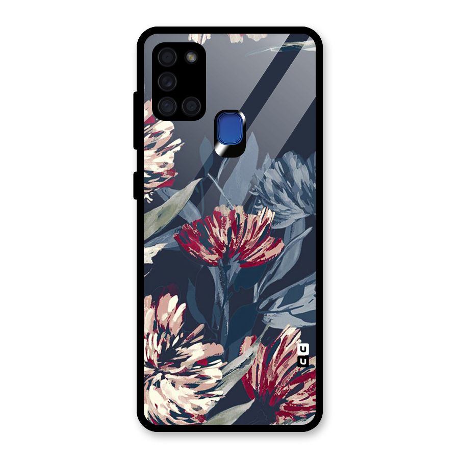 Red Rugged Floral Pattern Glass Back Case for Galaxy A21s