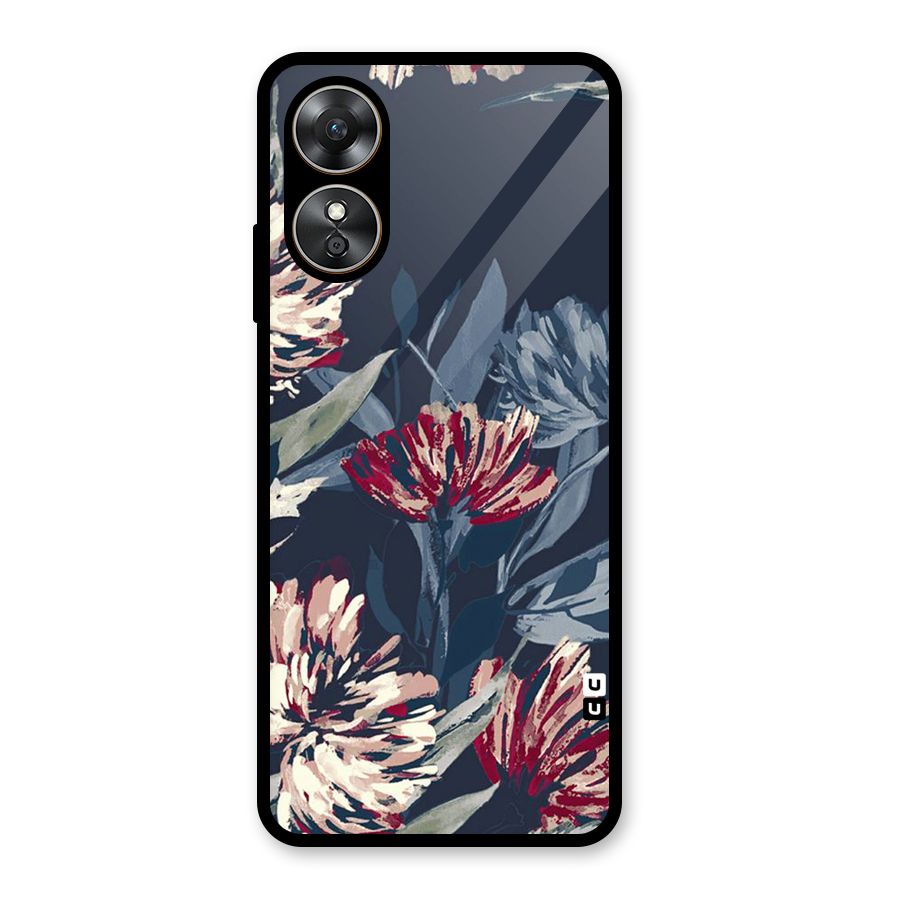 Red Rugged Floral Pattern Glass Back Case for Oppo A17
