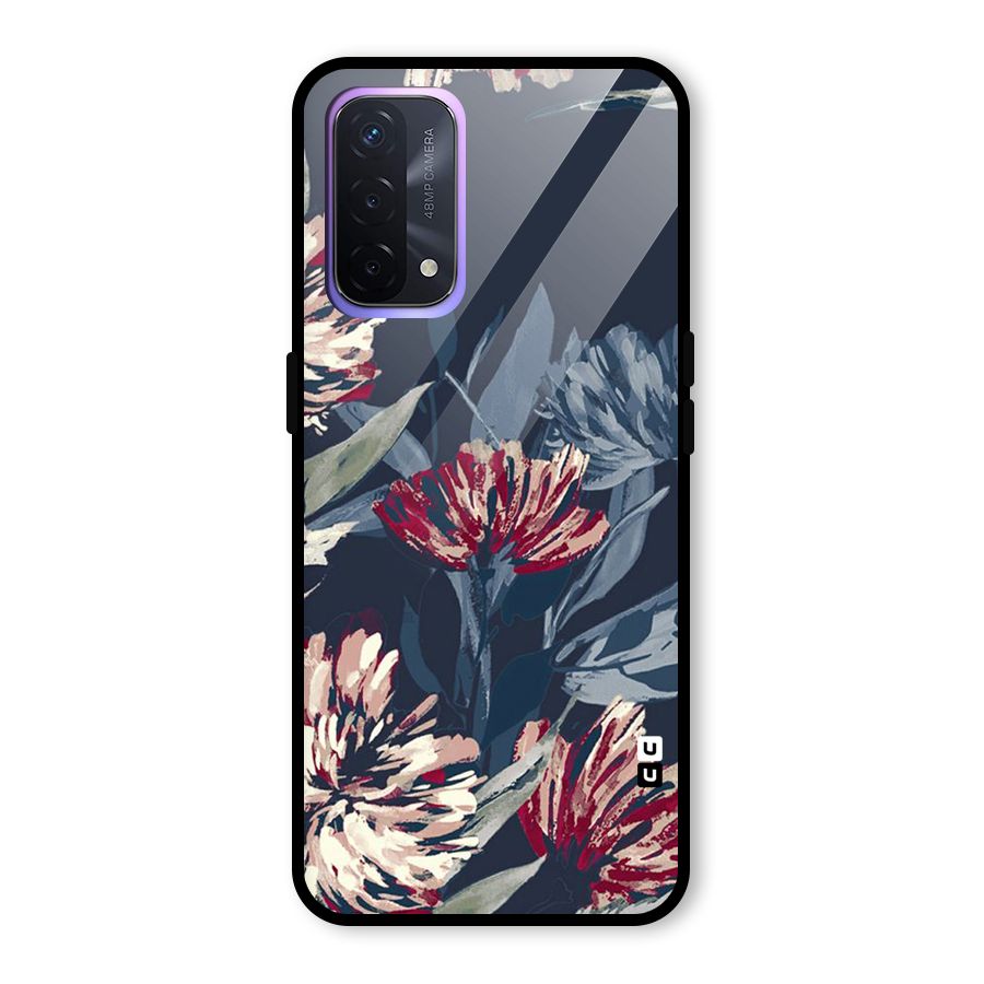 Red Rugged Floral Pattern Glass Back Case for Oppo A74 5G