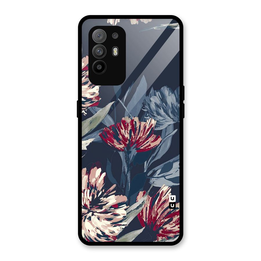 Red Rugged Floral Pattern Glass Back Case for Oppo F19 Pro Plus 5G