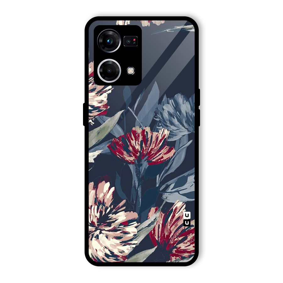 Red Rugged Floral Pattern Glass Back Case for Oppo F21 Pro 5G