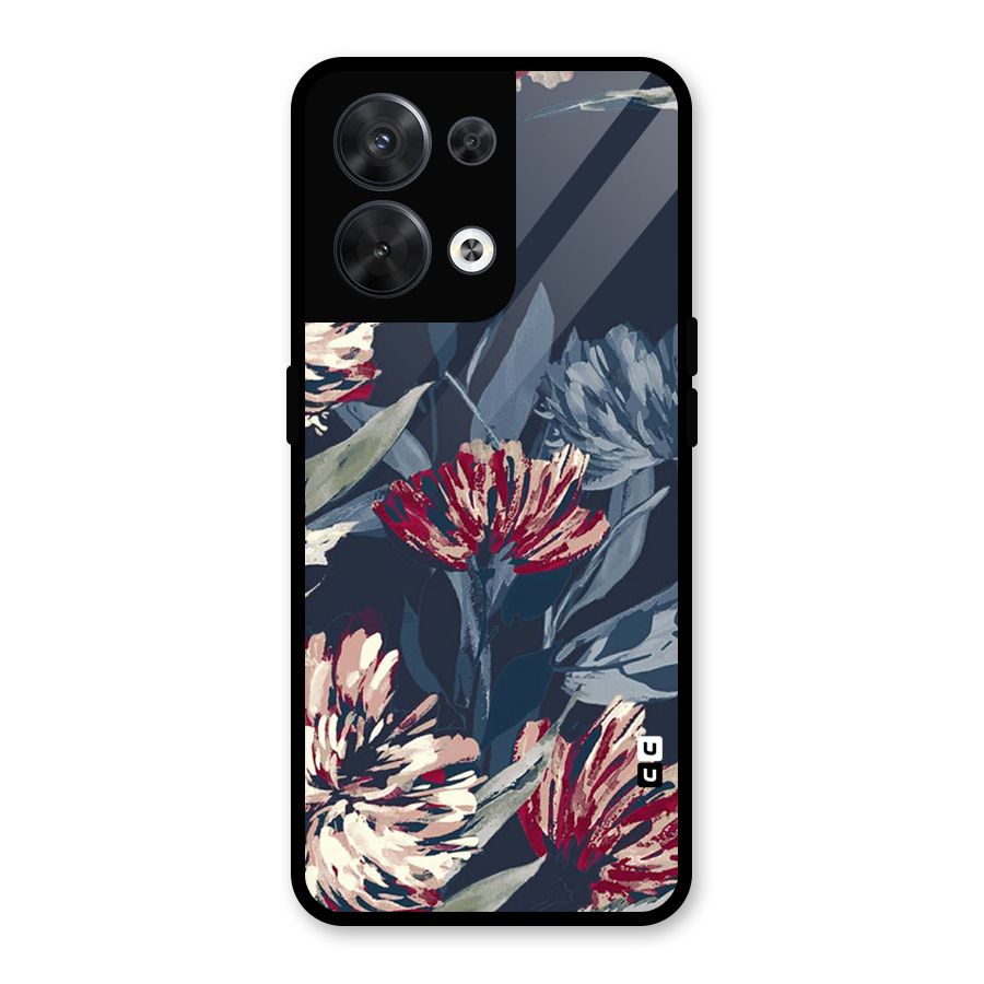 Red Rugged Floral Pattern Glass Back Case for Oppo Reno8 5G