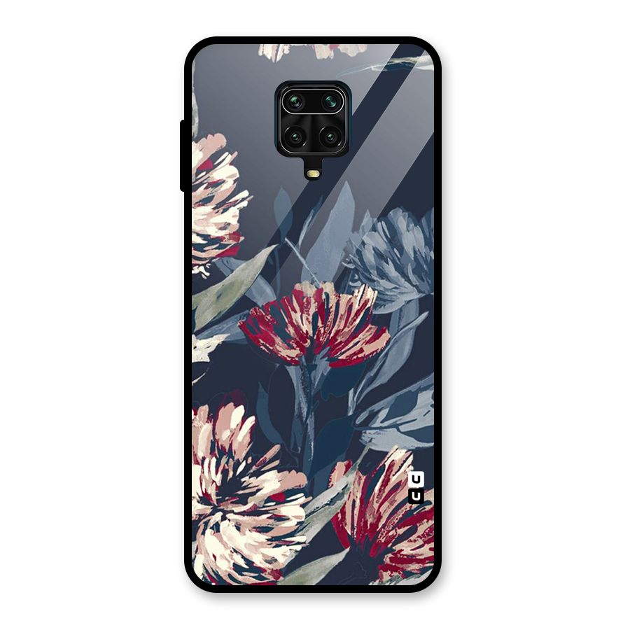 Red Rugged Floral Pattern Glass Back Case for Redmi Note 9 Pro