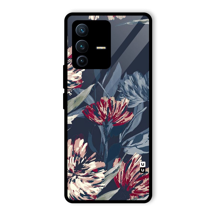 Red Rugged Floral Pattern Glass Back Case for Vivo V23 Pro