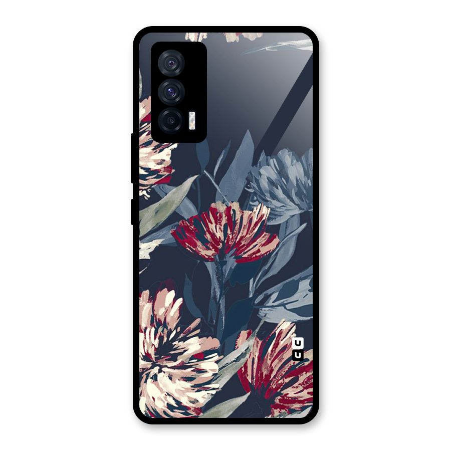 Red Rugged Floral Pattern Glass Back Case for Vivo iQOO 7 5G