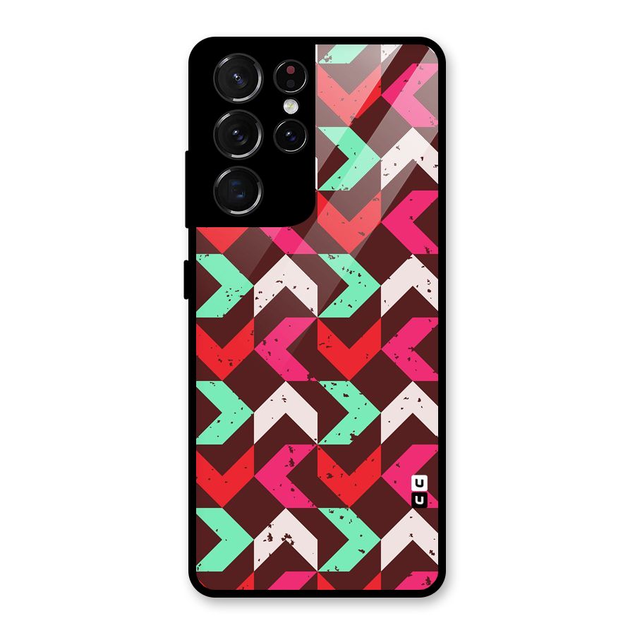 Retro Red Pink Pattern Glass Back Case for Galaxy S21 Ultra 5G