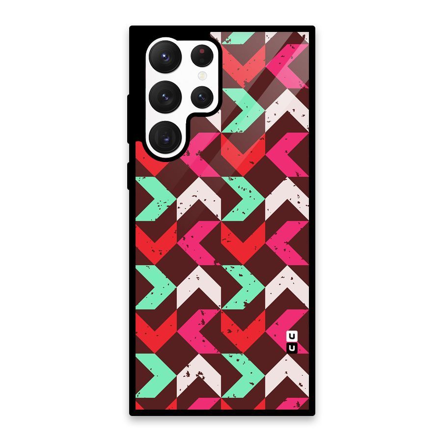 Retro Red Pink Pattern Glass Back Case for Galaxy S22 Ultra 5G