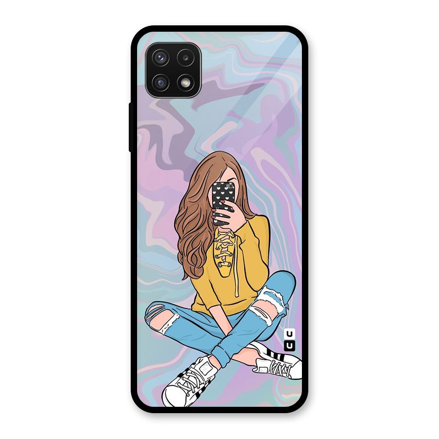 Selfie Girl Illustration Glass Back Case for Galaxy A22 5G