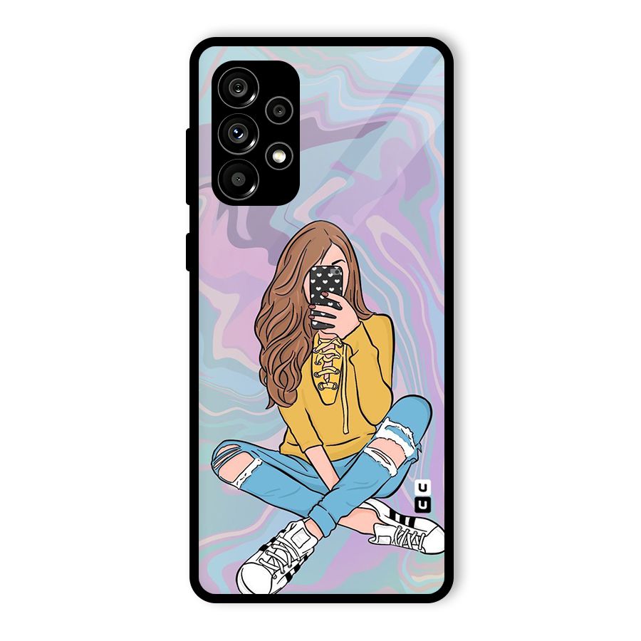 Selfie Girl Illustration Glass Back Case for Galaxy A73 5G
