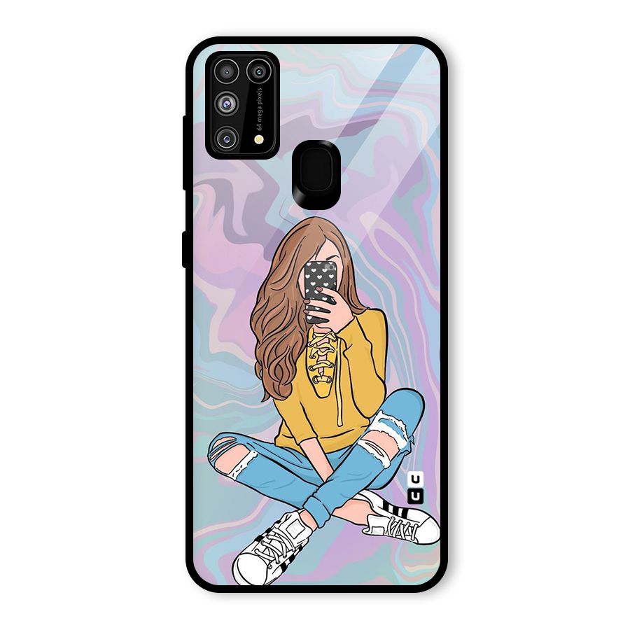 Selfie Girl Illustration Glass Back Case for Galaxy F41