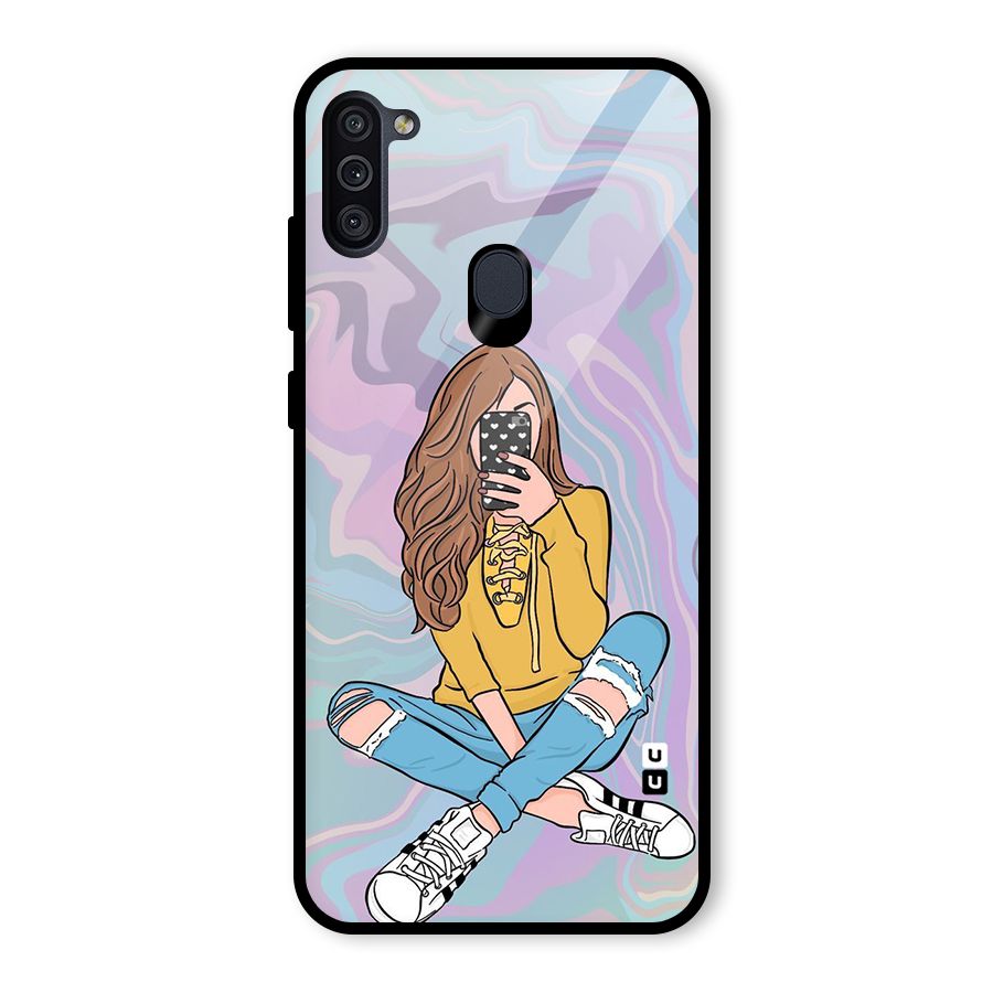 Selfie Girl Illustration Glass Back Case for Galaxy M11