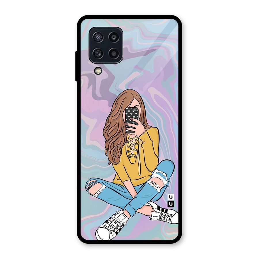 Selfie Girl Illustration Glass Back Case for Galaxy M32