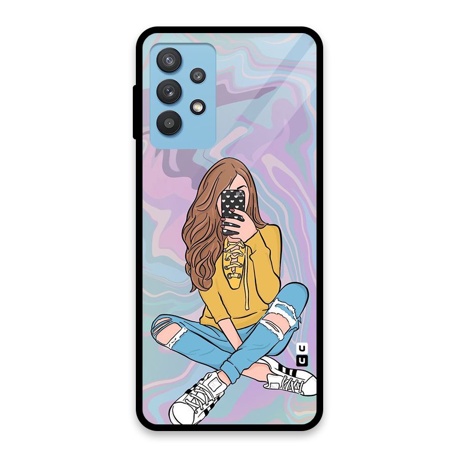 Selfie Girl Illustration Glass Back Case for Galaxy M32 5G