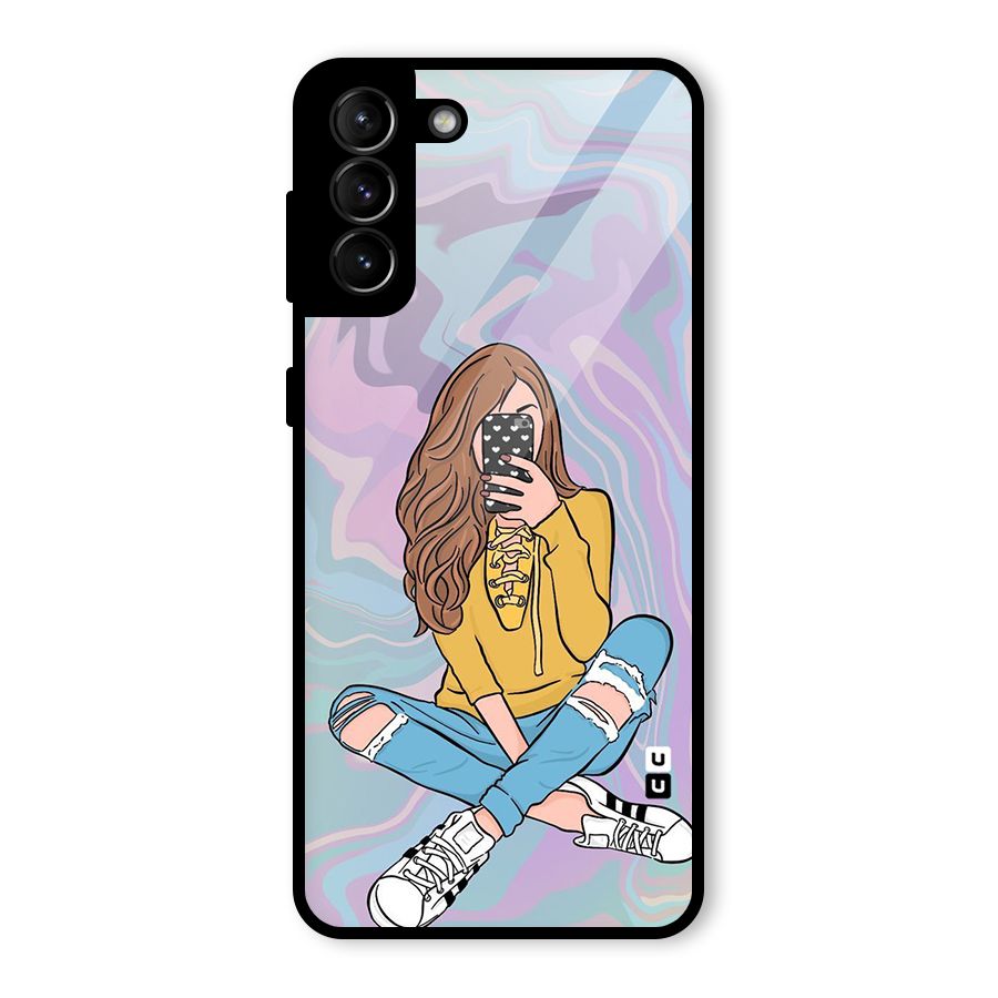 Selfie Girl Illustration Glass Back Case for Galaxy S21 Plus