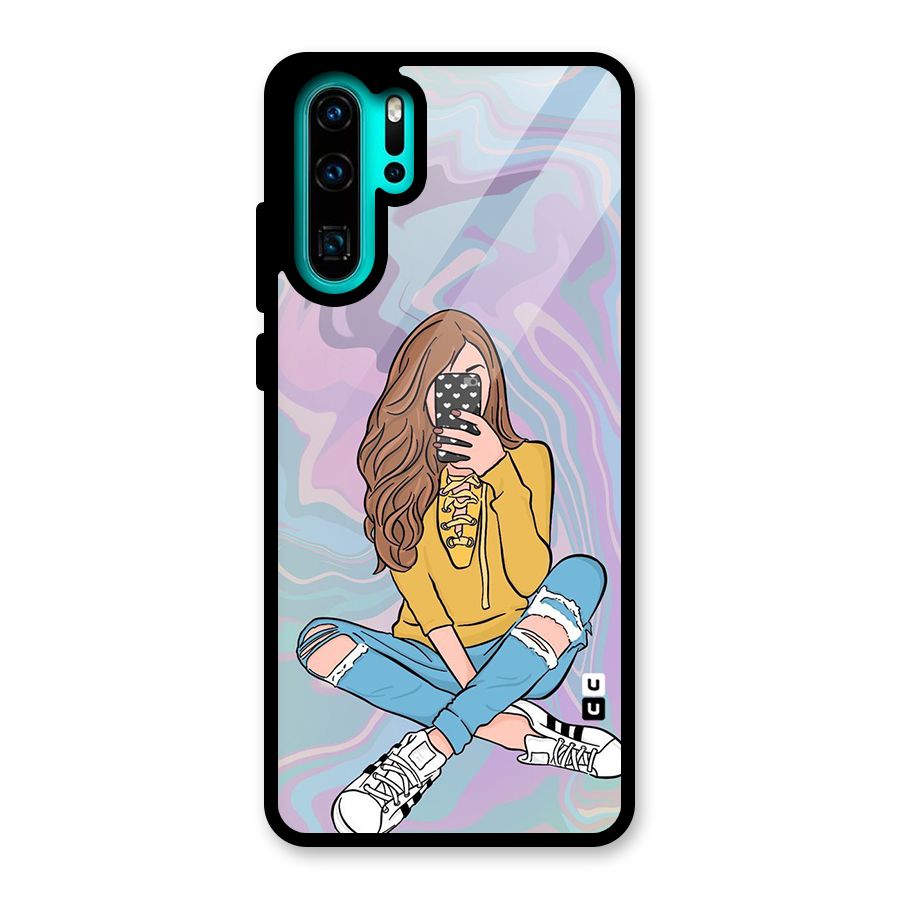 Selfie Girl Illustration Glass Back Case for Huawei P30 Pro