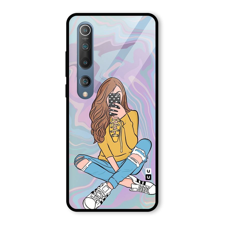 Selfie Girl Illustration Glass Back Case for Mi 10