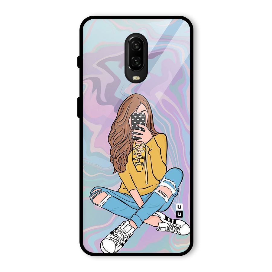 Selfie Girl Illustration Glass Back Case for OnePlus 6T