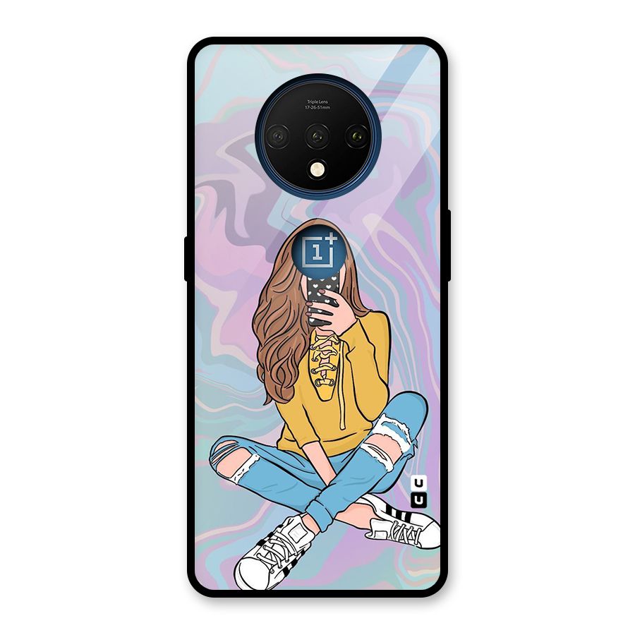 Selfie Girl Illustration Glass Back Case for OnePlus 7T